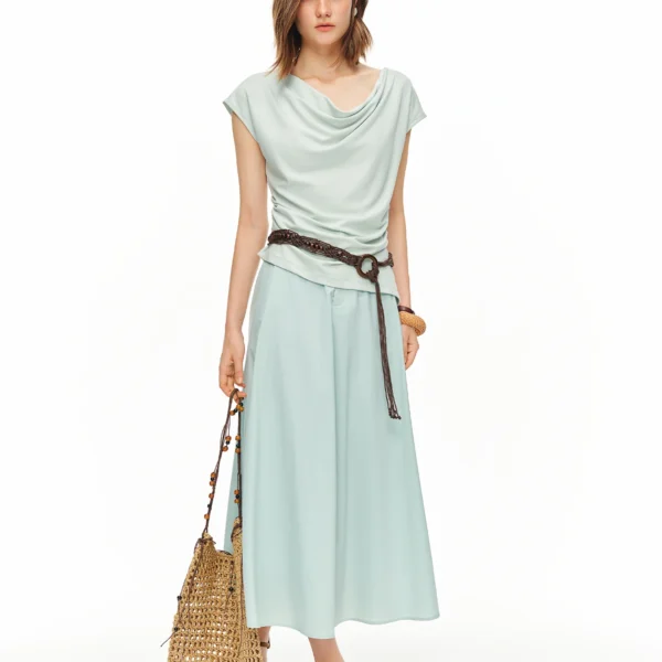DUSHU Women French Stylish Chic Two-piece Set: Swing Collar T-shirt and Skirt Summer Age-reducing Minimalist Solid Commuting