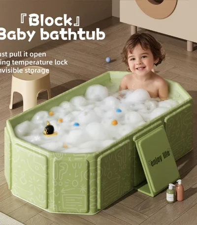 1PC green and white children’s portable thick folding bathtub, suitable for travel