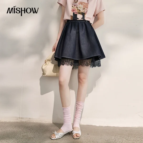 MISHOW Fashion Denim Lace Patchwork Hem A-Line Short Skirt For Women Summer Pleated Slimming Design Retro Skirt MXF27B2542