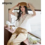 MISHOW Women’s Puff Short Sleeve Blouse 2026 Summer Embroidery V Neck Lace Splicing Tops Solid Loose Commuter Blouses MXF20C2519
