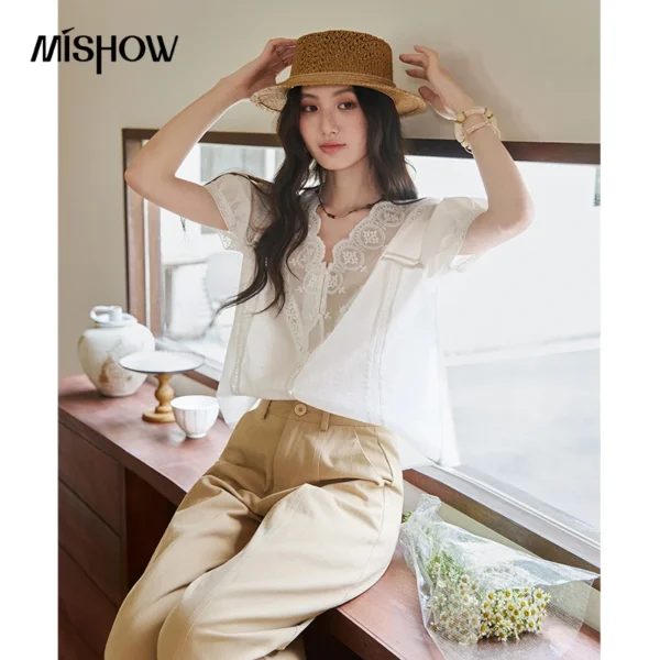 MISHOW Women’s Puff Short Sleeve Blouse 2026 Summer Embroidery V Neck Lace Splicing Tops Solid Loose Commuter Blouses MXF20C2519