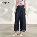 MISHOW Women’s Faux Denim Wide Leg Pants 2026 Summer Cropped Pants High Waist Hem Embroidery Slim Casual Trousers MXF27K2712