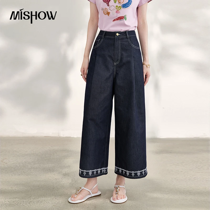 MISHOW Women’s Faux Denim Wide Leg Pants 2026 Summer Cropped Pants High Waist Hem Embroidery Slim Casual Trousers MXF27K2712 MISHOW Women’s Faux Denim Wide Leg Pants 2026 Summer Cropped Pants High Waist Hem Embroidery Slim Casual Trousers MXF27K2712