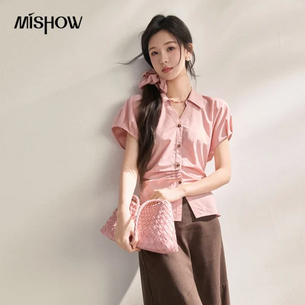 MISHOW Women’s Lyocell Cotton Ruched Waist Short Sleeve Shirt New Summer 2026 Pink Casual Top Free Matching Hair Tie MXF22C2467
