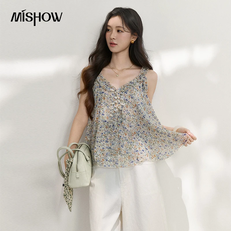 MISHOW Fashion Floral Ruffles Camis For Women 2026 Summer New Loose A-Line Slimming Design Double Hem Vacation Top MXF26X2666 1