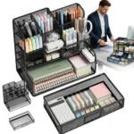 12-Slot Mesh Desk Organizer with Pull-Out Drawer, Multi-Compartment Pen Holder & Stationery Caddy for Home Office, Classroom & Study Table Decluttering