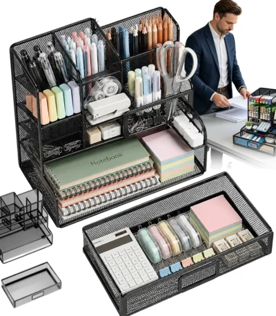 12-Slot Mesh Desk Organizer with Pull-Out Drawer, Multi-Compartment Pen Holder & Stationery Caddy for Home Office, Classroom & Study Table Decluttering 1