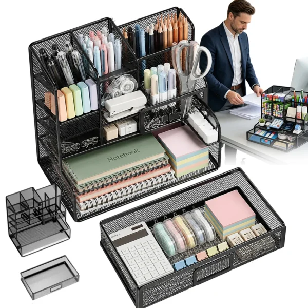 12-Slot Mesh Desk Organizer with Pull-Out Drawer, Multi-Compartment Pen Holder & Stationery Caddy for Home Office, Classroom & Study Table Decluttering