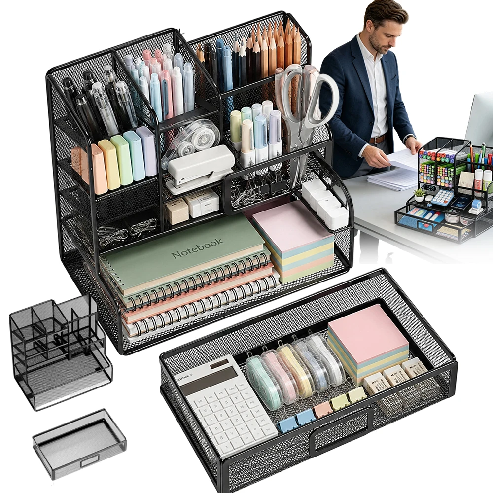 12-Slot Mesh Desk Organizer with Pull-Out Drawer, Multi-Compartment Pen Holder & Stationery Caddy for Home Office, Classroom & Study Table Decluttering 12-Slot Mesh Desk Organizer with Pull-Out Drawer, Multi-Compartment Pen Holder & Stationery Caddy for Home Office, Classroom & Study Table Decluttering