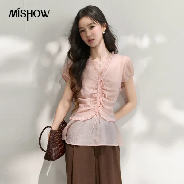 MISHOW French V-Neck Ruffles Blouse For Women New Summer 2026 Fashion Pleated Puff Sleeves Gentle Elegant Design Top MXF26X2665