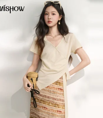 MISHOW Women's Solid V Neck T-Shirt Summer Irregular Hem Ribbon Design Waist Tee Slim Short Sleeve Elegant Casual Top MXF20T1753 1