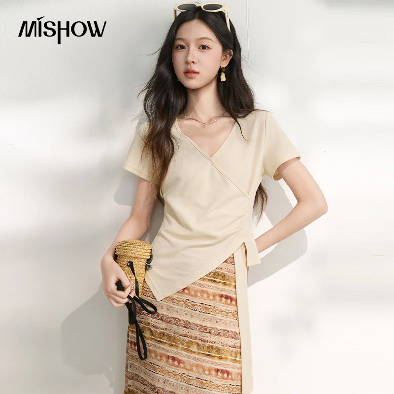 MISHOW Women’s Solid V Neck T-Shirt Summer Irregular Hem Ribbon Design Waist Tee Slim Short Sleeve Elegant Casual Top MXF20T1753 MISHOW Women’s Solid V Neck T-Shirt Summer Irregular Hem Ribbon Design Waist Tee Slim Short Sleeve Elegant Casual Top MXF20T1753