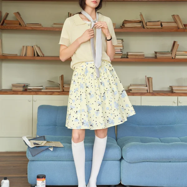 DUSHU Chic Daisy Yellow Printed A-Line Hem Skirt High-Waisted Mid-Length Women’s Summer Dress 2026 New Arrival Cotton Skirts