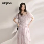 MISHOW Purple Tie Dye Chiffon 2Pcs Set Square Neck Puff Short Sleeve Lace Splicing Irregular Tiered Cake Skirt Set MXF25T1636