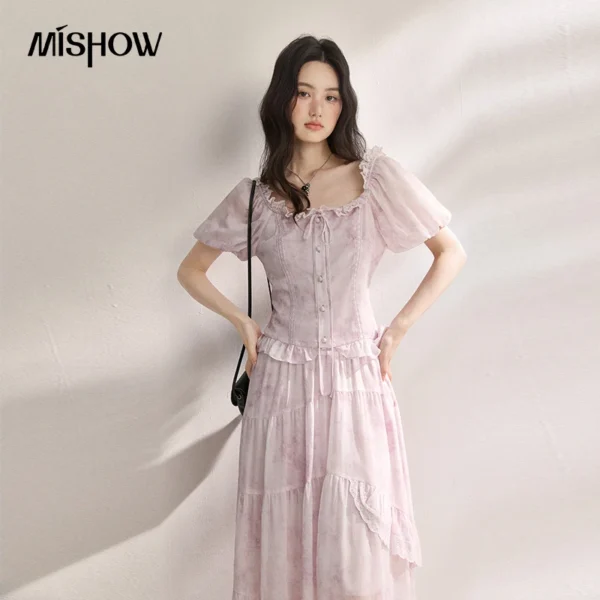 MISHOW Purple Tie Dye Chiffon 2Pcs Set Square Neck Puff Short Sleeve Lace Splicing Irregular Tiered Cake Skirt Set MXF25T1636