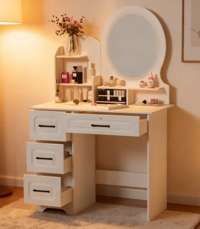 Modern Makeup Vanity Table with Mirror & Lights, Extra Storage Shelves, 4-Drawer Dressing Table, Cosmetic Desk with Organizer