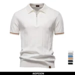 AIOPESON Men’s Solid Color Sport Zipper Polo Shirt Athletic Social Polo Shirts for Men Office Slim Fit Polo