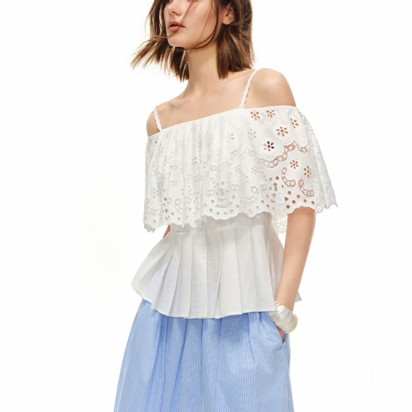 DUSHU Women’s ‘Coco Echo’ French Lace Embroidered Off-the-Shoulder Cropped Top – Summer 2026 New Arrival Fashion Shirts Pillover
