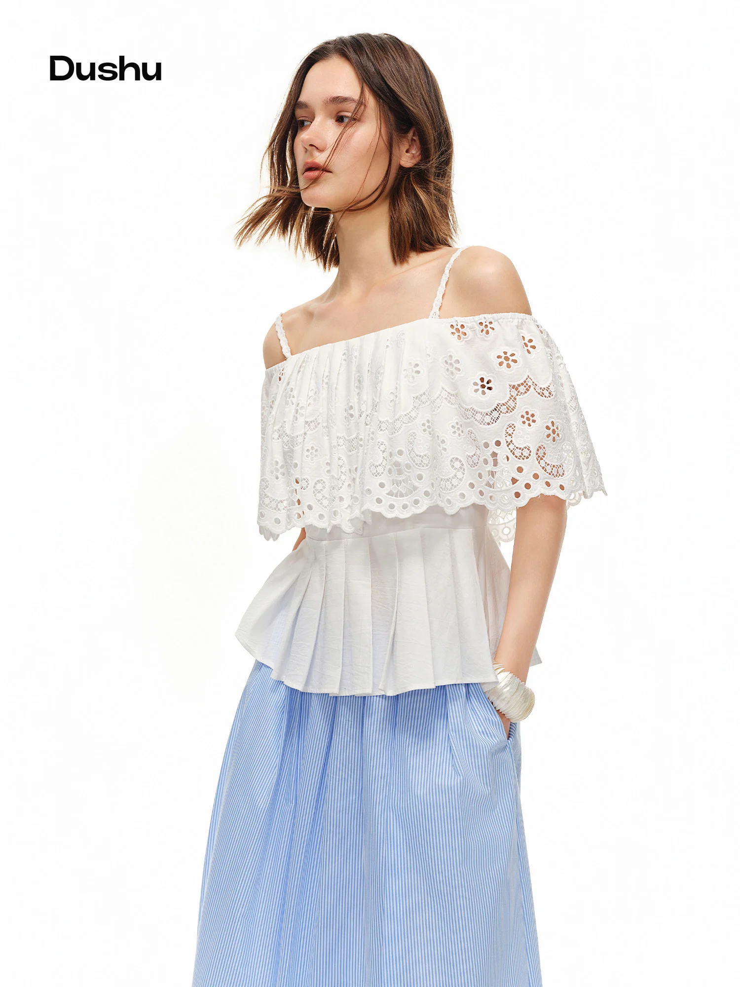 DUSHU Women’s ‘Coco Echo’ French Lace Embroidered Off-the-Shoulder Cropped Top – Summer 2026 New Arrival Fashion Shirts Pillover DUSHU Women’s ‘Coco Echo’ French Lace Embroidered Off-the-Shoulder Cropped Top – Summer 2026 New Arrival Fashion Shirts Pillover