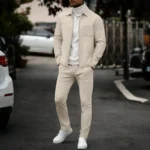 Men’s fashionable casual plain-color waffle knit pullover with zipped pocket and collar, high-quality men’s jacket, trousers set