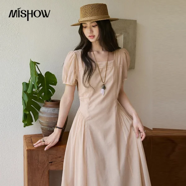 MISHOW Women’s Square Neck Puff Sleeve Dresses Summer Lace-up Waist A-line Midi Dress Light Pink Elegant Long Dress MXF29L2723