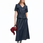 DUSHU Lace Patchwork Ruffles Hem Denim Fashion Set Women Commuting 2026 Summer New Arrivals Top and Long A-line Skirt