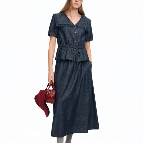 DUSHU Lace Patchwork Ruffles Hem Denim Fashion Set Women Commuting 2026 Summer New Arrivals Top and Long A-line Skirt