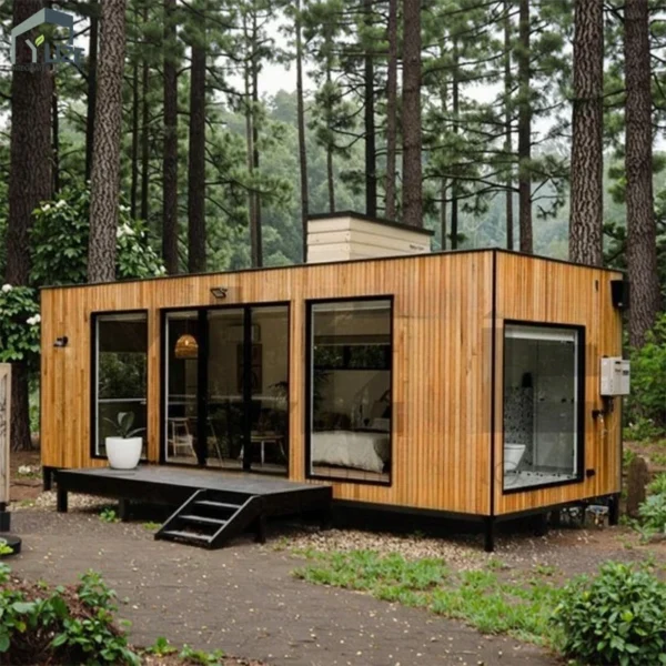 Wood Cladding Container House Large Glass Windows Prefab Modular Cabin Outdoor Living Home Holiday Home Homestay Sunroom