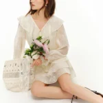 DUSHU 2026 Summer French Ruffle 3Pcs Suit V Neck Flare Sleeve Loose Top High Waist Short Skirt Casual Vacation Wear for Ladies