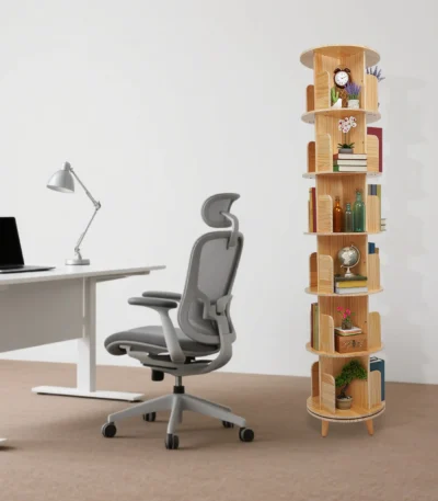 6-Tier Rotating Bookshelf, 360° Spinning Pine Wood Bookcase with Large Storage, Kids Room Living Room Study Corner Organizer, Freestanding Display Rack for Toys Plants, Space-Saving Home Decor 1