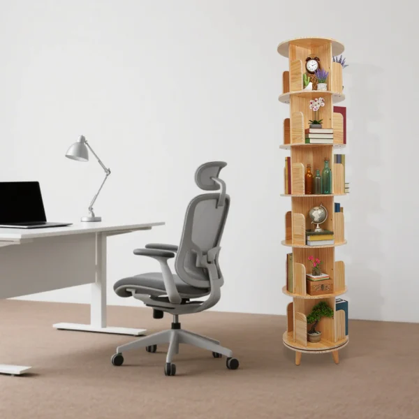 6-Tier Rotating Bookshelf, 360° Spinning Pine Wood Bookcase with Large Storage, Kids Room Living Room Study Corner Organizer, Freestanding Display Rack for Toys Plants, Space-Saving Home Decor