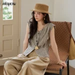 MISHOW Sleeveless Retro Checkered Design Shirt For Women 2026 Summer V-Neck Breathable Slimming Casual Fashion Shirt MXE37X1921
