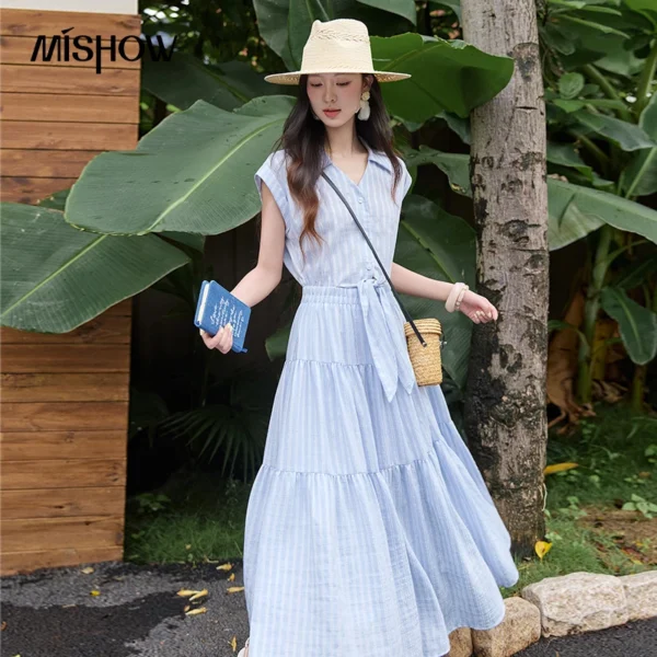MISHOW Blue White Vertical Stripe Blouse Skirt 2pcs Set Lapel Cap Sleeve Tie Waist Top Layered Cake Midi Skirt Sets MXF28L2735