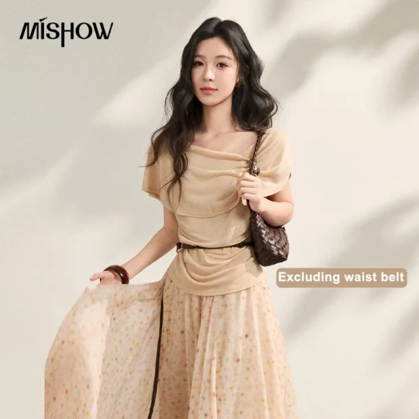 MISHOW Skew Collar Ruched Waist T-shirt Summer 2026 New Tees Double-wear Design Elegant Slim-fit Short Sleeve Top MXF23T1579