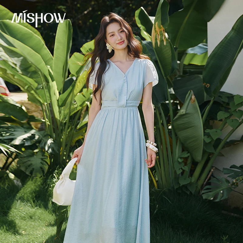 MISHOW Women's Linen Texture Midi Dress Summer V Neck Puff Sleeve High Waist Elegant French A Line Solid Long Dresses MXF27L2705 1