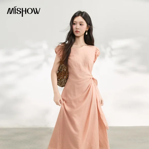 MISHOW Women’s Flower Bud Flying Sleeve Midi Dress 2026 Summer Round Neck Side Twist Tie Waist Elegant Long Dress MXF20L2773