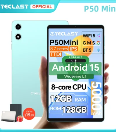 Teclast P50 Mini Tablet Android 15 8.7" IPS 90Hz 12GB(4GB+8GB Expansion)RAM 128GB ROM T606 8-Core 5000mAh GPS Widevine L1 Type-C 1