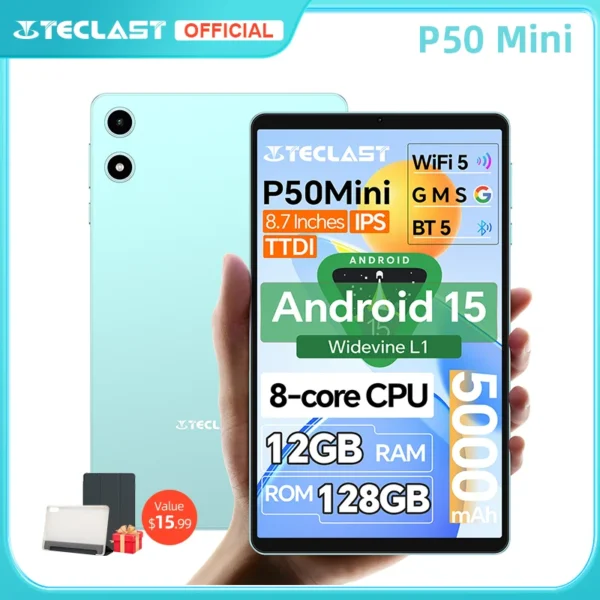 Teclast P50 Mini Tablet Android 15 8.7″ IPS 90Hz 12GB(4GB+8GB Expansion)RAM 128GB ROM T606 8-Core 5000mAh GPS Widevine L1 Type-C