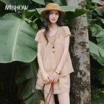 MISHOW Lace Round Neck Top Shorts 2Pcs Set Summer Loose Doll Puff Short Sleeve Top Lace Trim Casual Shorts Set MXF29T1687