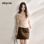 MISHOW French Floral Lace Swing Neck Shirt For Women 2026 Summer New Pleated 3D Floral Ribbon Hazy Elegant Slim Top MXF24X2617