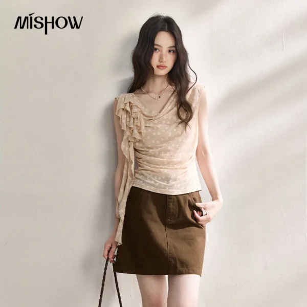 MISHOW French Floral Lace Swing Neck Shirt For Women 2026 Summer New Pleated 3D Floral Ribbon Hazy Elegant Slim Top MXF24X2617