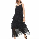 DUSHU Women French Polka Dot Midi Dress Mesh 2026 Summer V-Neck High Waist A-Line Casual Black Slip Dress Fashionable