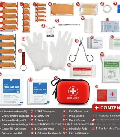 First Aid Kit Complete, 104Pcs Water-Resistant Hard Shell Small Case. Perfect For Travel, Outdoor, Home, Office,Camping, Hiking 1