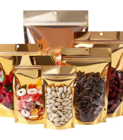 100Pcs Gold Aluminum Foil Clear Bag Zip Lock with Hang Hole Stand Up Tear Notch Reusable Food Nut Candy Packaging Pouches 1