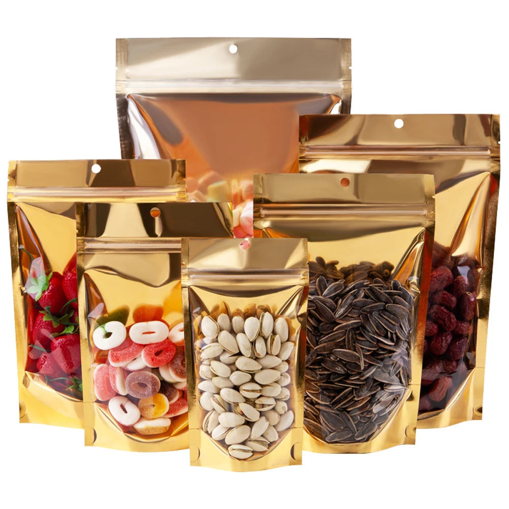 100Pcs Gold Aluminum Foil Clear Bag Zip Lock with Hang Hole Stand Up Tear Notch Reusable Food Nut Candy Packaging Pouches 100Pcs Gold Aluminum Foil Clear Bag Zip Lock with Hang Hole Stand Up Tear Notch Reusable Food Nut Candy Packaging Pouches