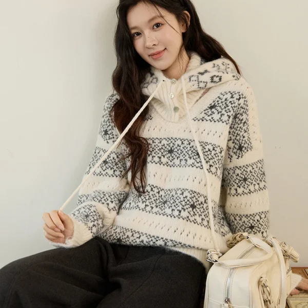 MISHOW Women’s Fair Isle Knitted Sweater 2025 Winter V-neck Wool Blend Casual Tops Removable Hood Warm Loose Sweaters MXE94Z2979