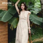 MISHOW Apricot Flower Lace Ruffles Edge Waist-Cinching Dress Female 2026 Summer V-Neck Gentle Slimming Office Dress MXF28L2762