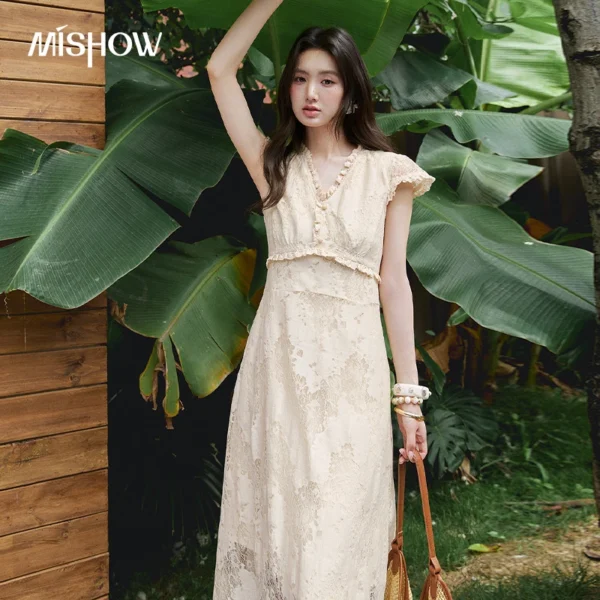 MISHOW Apricot Flower Lace Ruffles Edge Waist-Cinching Dress Female 2026 Summer V-Neck Gentle Slimming Office Dress MXF28L2762