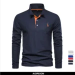 AIOPESON 2023 New Men’s Deer Embroidery Polo Shirts Solid Color Long Sleeve Social Business Male