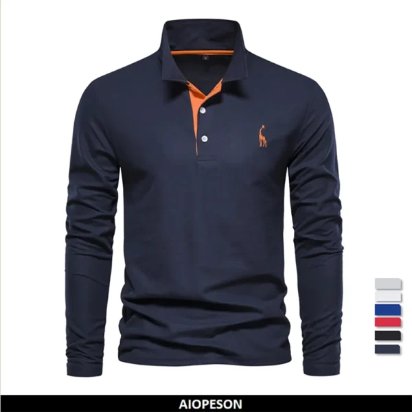 AIOPESON 2023 New Men’s Deer Embroidery Polo Shirts Solid Color Long Sleeve Social Business Male